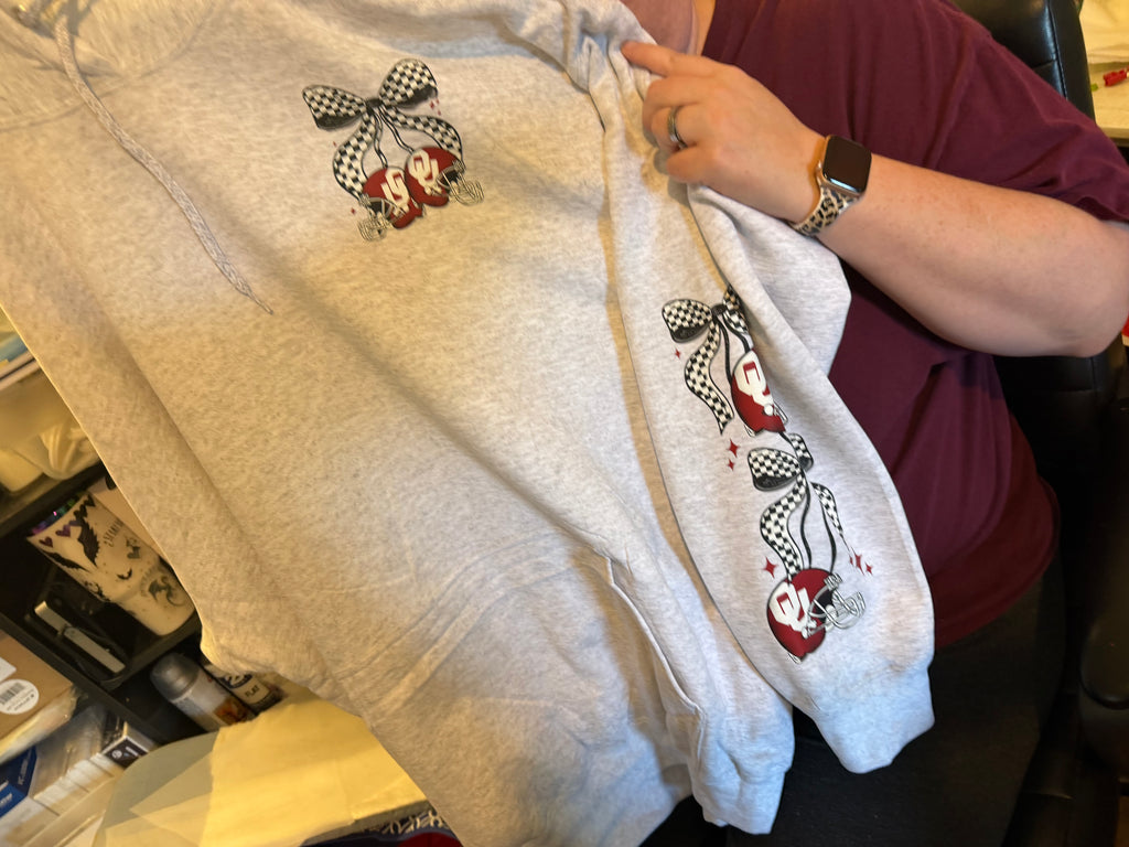 Cherries Football Crewneck Sweatshirt | OU- Oklahoma College Game Day Sweatshirt | Checkered Bow Football Crewneck