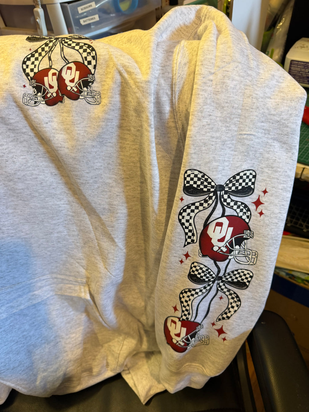 Cherries Football Crewneck Sweatshirt | OU- Oklahoma College Game Day Sweatshirt | Checkered Bow Football Crewneck