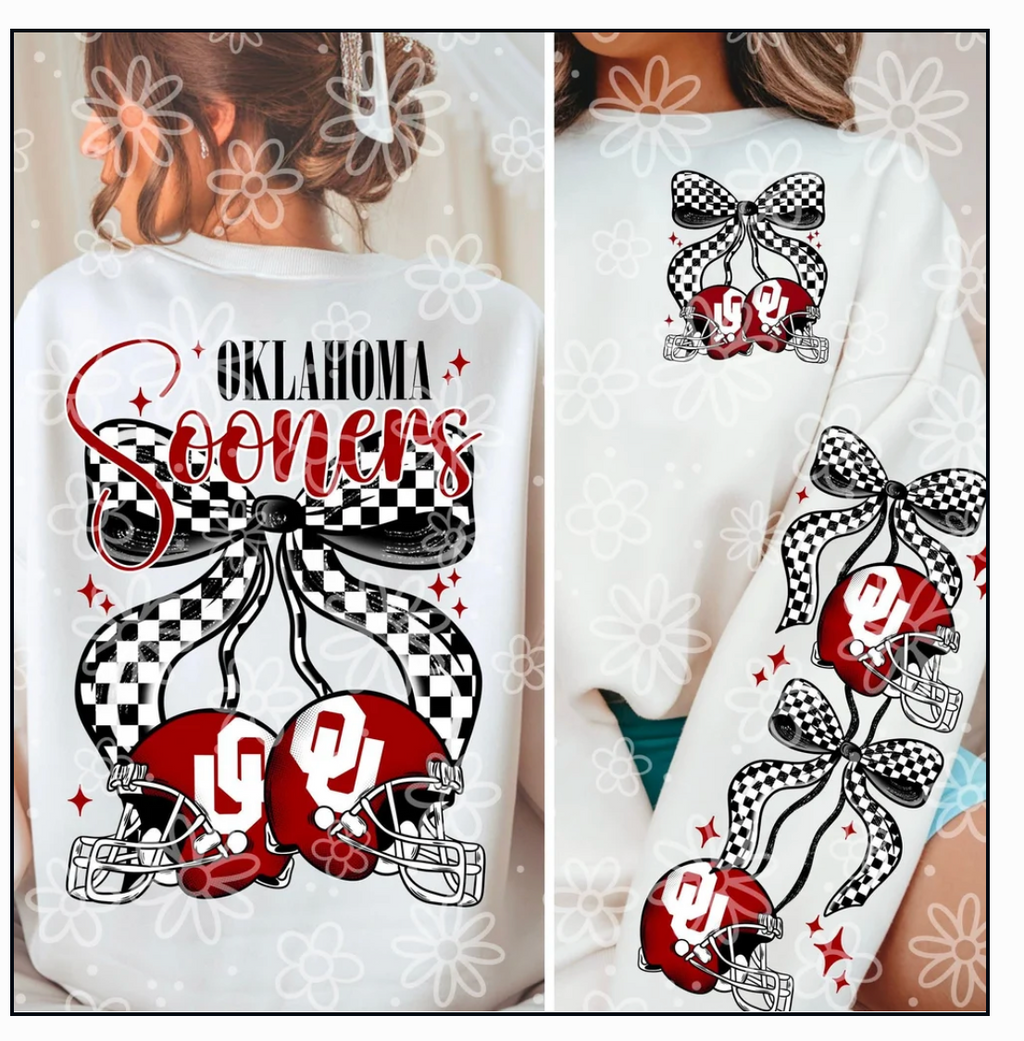 Cherries Football Crewneck Sweatshirt | OU- Oklahoma College Game Day Sweatshirt | Checkered Bow Football Crewneck